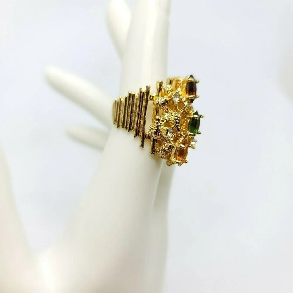 Multi-Color Glass Rhinestone 18KT HGE Gold Electroplate NOS Vintage Ring Size 6